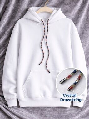 White Women’s Pullover Hoodie with Red white and Blue Crystal Drawstring